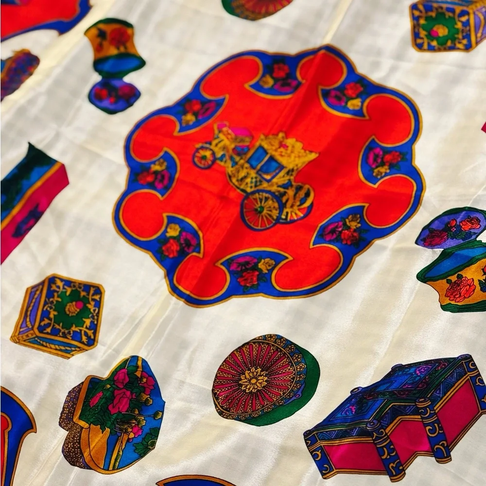 LIZ CLAIBORNE 80s Silk Vibrant Red Multicolored Carriage & Trinket Box Scarf 31”